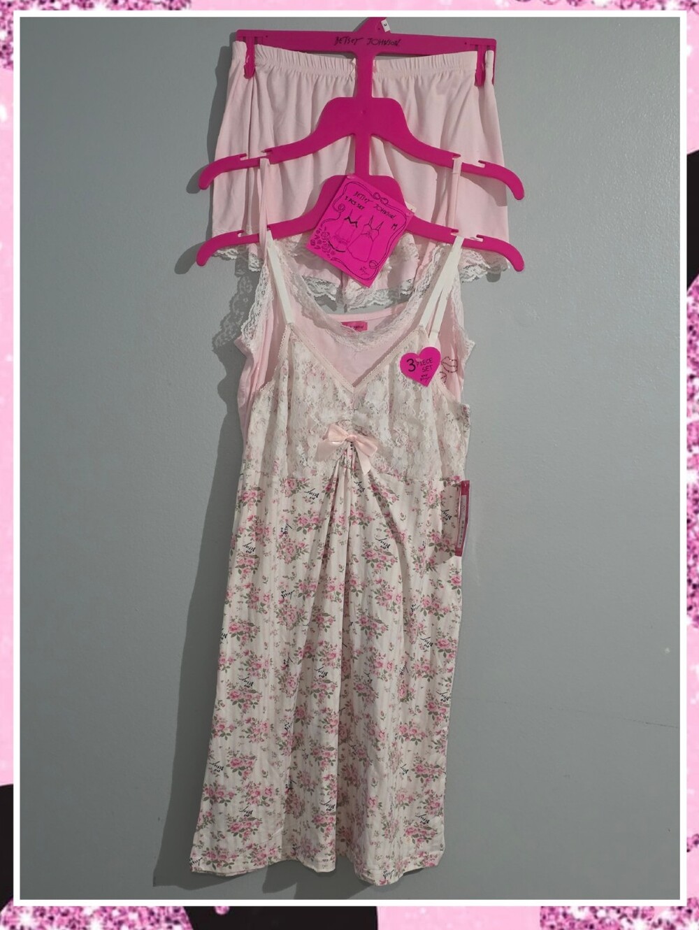 NWT Betsey Johnson 3pc Pajama Set Pink Floral Slip Dress Cami Shorts M